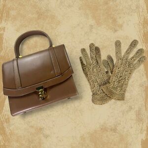 Vtg 60s Brown Leather structured Satchel Purse Tote Top Handle Bag + Gloves